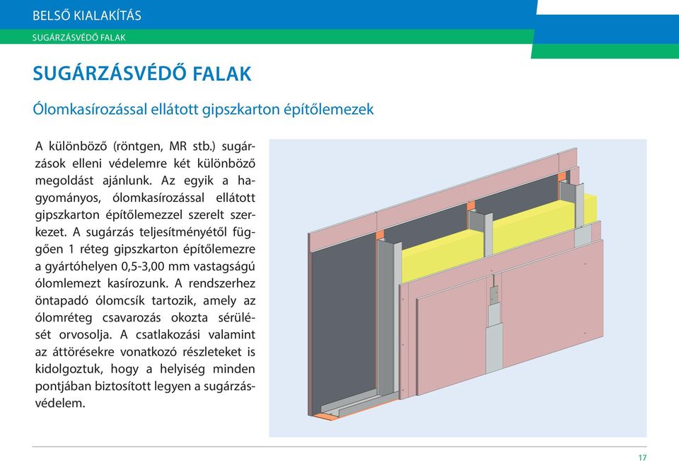 A sugárzás teljesítményétől függően 1 réteg gipszkarton építőlemezre a gyártóhelyen 0,5-3,00 mm vastagságú ólomlemezt kasírozunk.