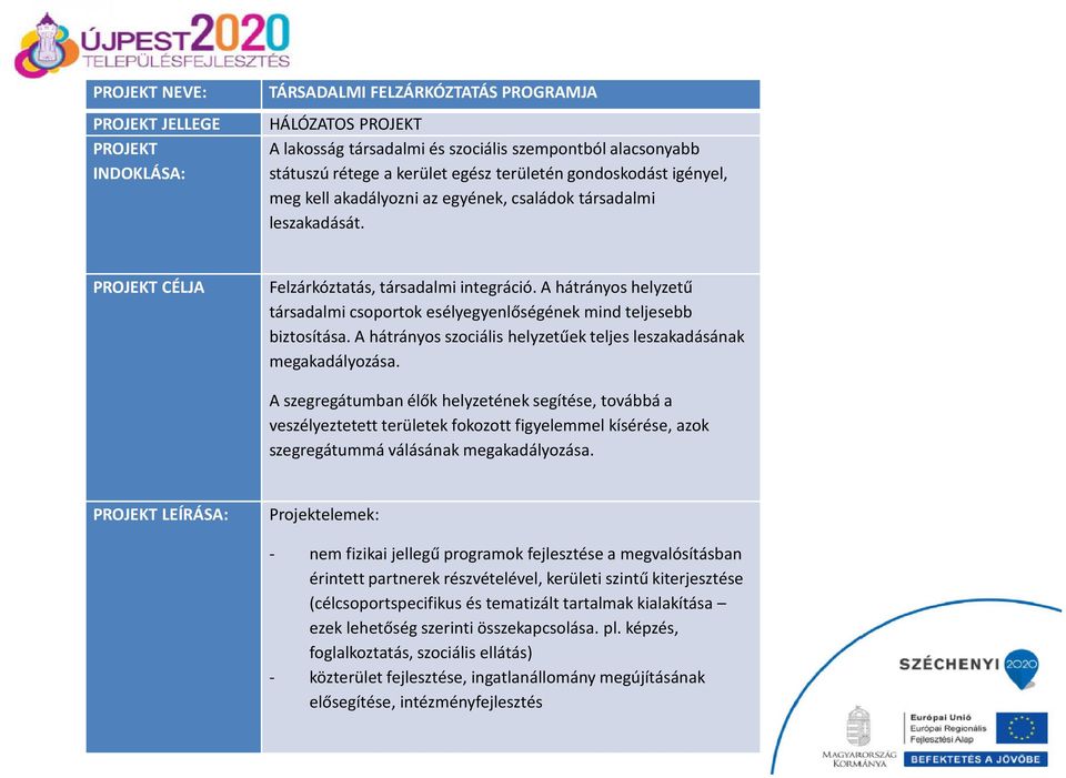 A hátrányos helyzetű társadalmi csoportok esélyegyenlőségének mind teljesebb biztosítása. A hátrányos szociális helyzetűek teljes leszakadásának megakadályozása.