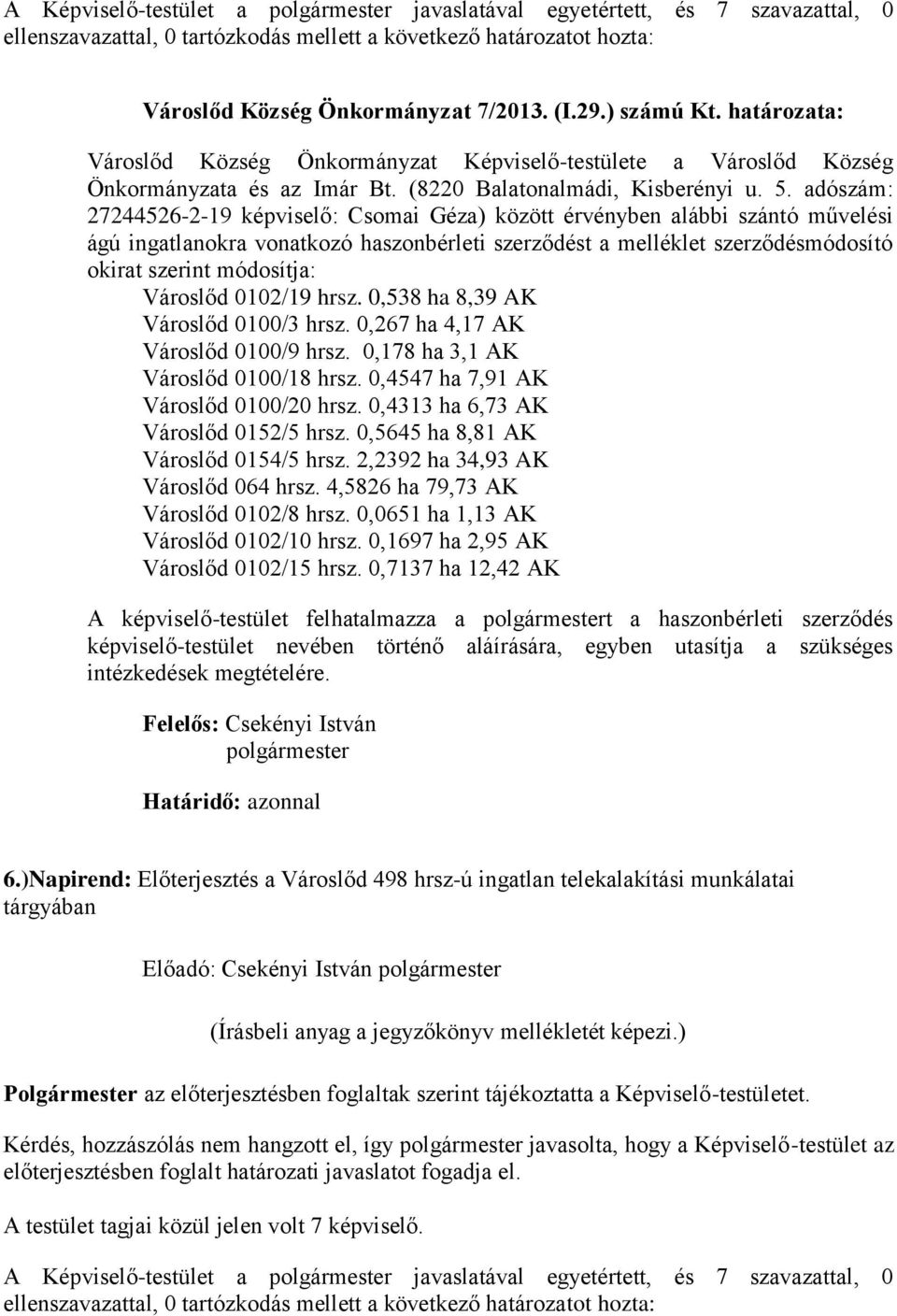 Városlőd 0102/19 hrsz. 0,538 ha 8,39 AK Városlőd 0100/3 hrsz. 0,267 ha 4,17 AK Városlőd 0100/9 hrsz. 0,178 ha 3,1 AK Városlőd 0100/18 hrsz. 0,4547 ha 7,91 AK Városlőd 0100/20 hrsz.