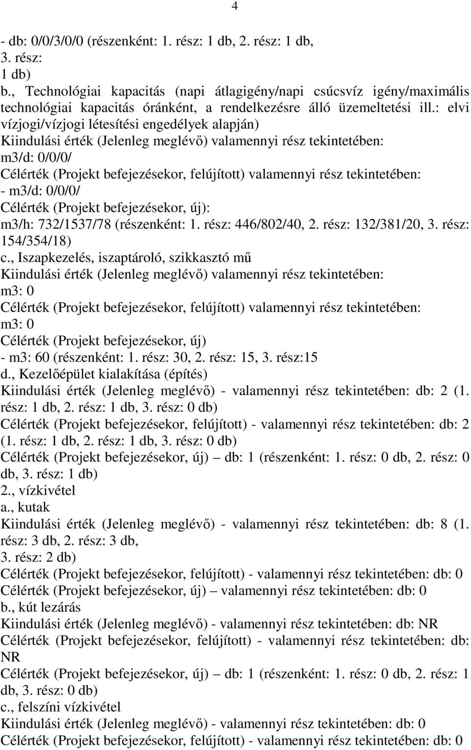 : elvi vízjogi/vízjogi létesítési engedélyek alapján) Kiindulási érték (Jelenleg meglévı) valamennyi rész tekintetében: m3/d: 0/0/0/ Célérték (Projekt befejezésekor, felújított) valamennyi rész