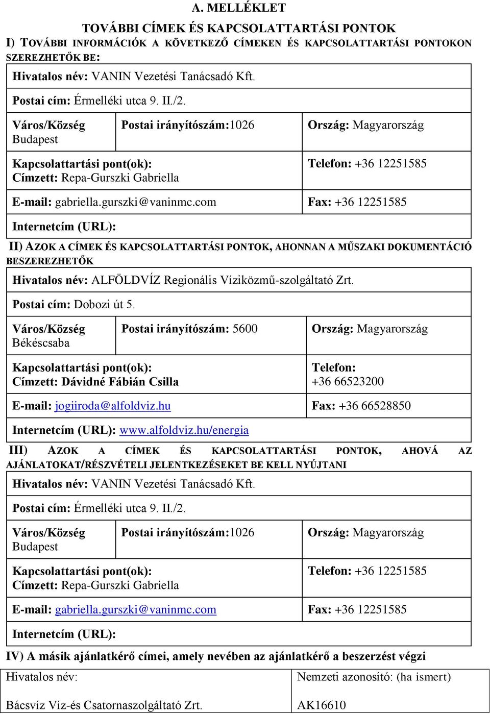Város/Község Budapest Postai irányítószám:1026 Ország: Magyarország Kapcsolattartási pont(ok): Címzett: Repa-Gurszki Gabriella Telefon: +36 12251585 E-mail: gabriella.gurszki@vaninmc.