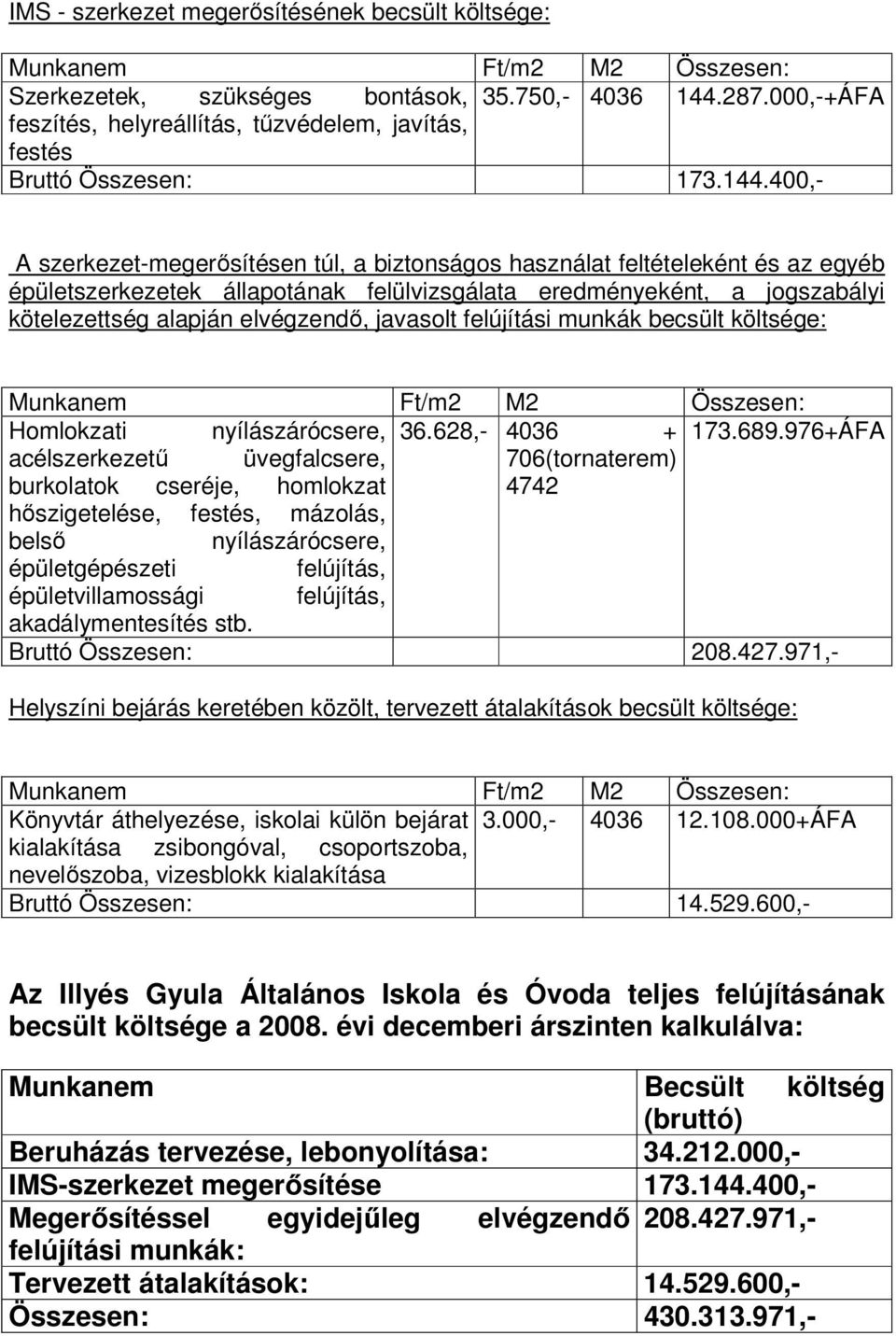 400,- A szerkezet-megerősítésen túl, a biztonságos használat feltételeként és az egyéb épületszerkezetek állapotának felülvizsgálata eredményeként, a jogszabályi kötelezettség alapján elvégzendő,