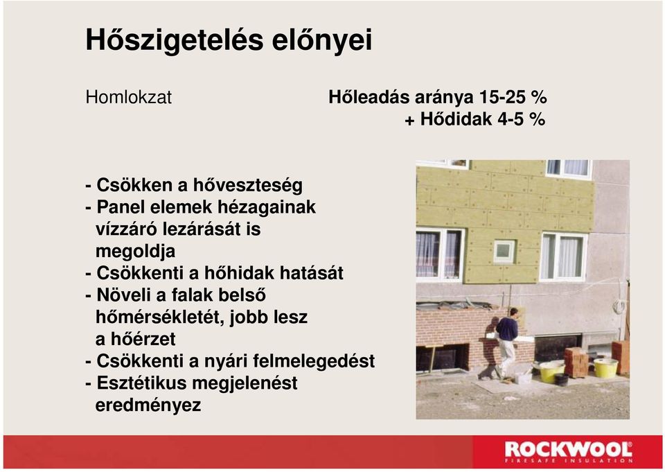 megoldja - Csökkenti a hhidak hatását - Növeli a falak bels hmérsékletét,