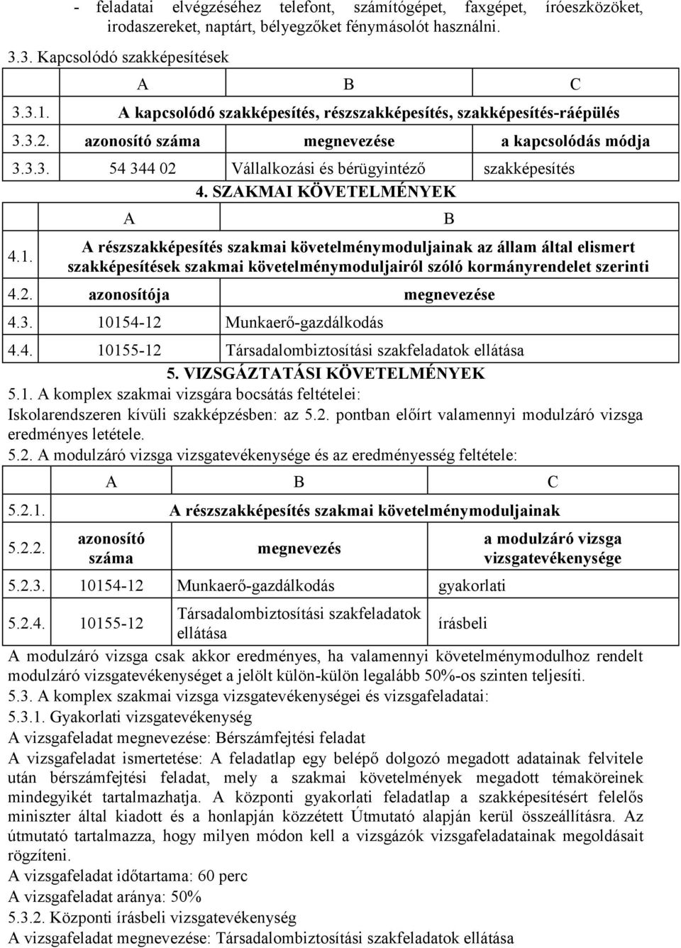 SZAKMAI KÖVETELMÉNYEK 4.1. A A részszakképesítés szakmai követelménymoduljainak az állam által elismert szakképesítések szakmai követelménymoduljairól szóló kormányrendelet szerinti 4.2.