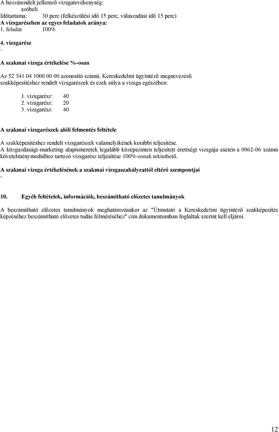 vizsgarész: 40 2. vizsgarész: 20 3. vizsgarész: 40 A szakmai vizsgarészek alóli felmentés feltétele A szakképesítéshez rendelt vizsgarészek valamelyikének korábbi teljesítése.