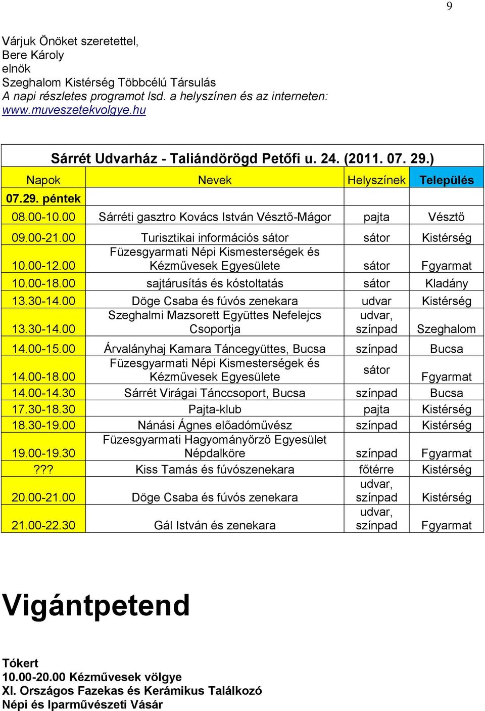 00 Turisztikai információs sátor sátor Kistérség Füzesgyarmati Népi Kismesterségek és 10.00-12.00 Kézművesek Egyesülete sátor Fgyarmat 10.00-18.00 sajtárusítás és kóstoltatás sátor Kladány 13.30-14.