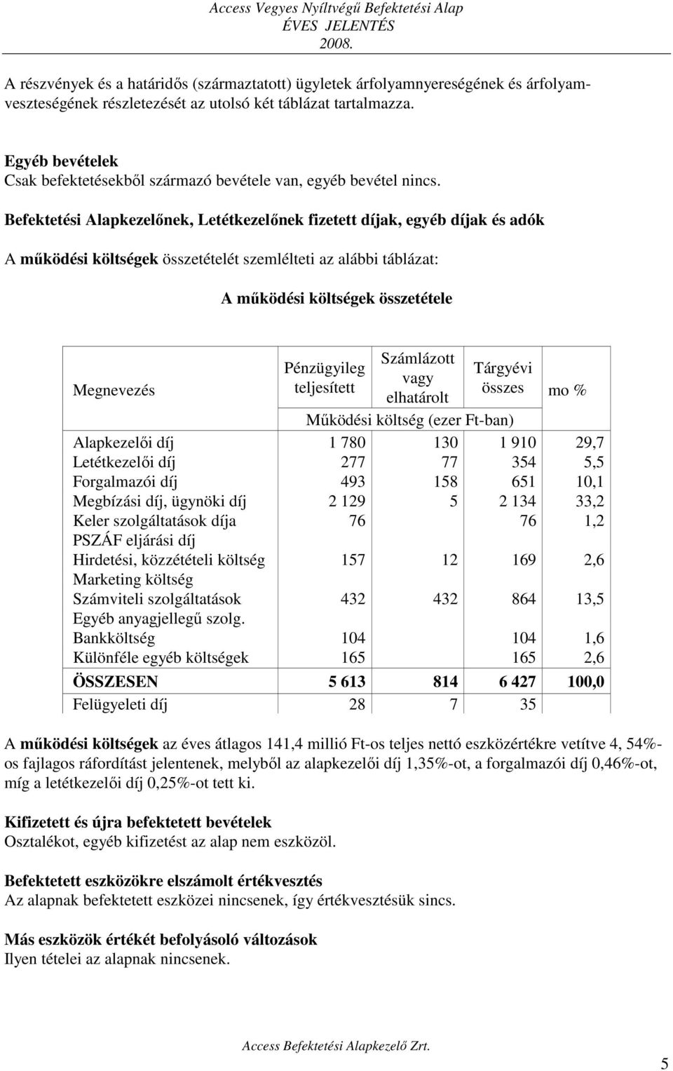 Befektetési Alapkezelőnek, Letétkezelőnek fizetett díjak, egyéb díjak és adók A működési költségek összetételét szemlélteti az alábbi táblázat: A működési költségek összetétele Megnevezés Pénzügyileg