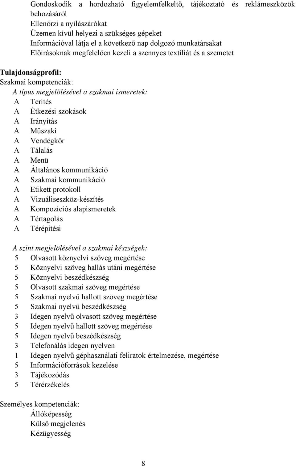 Műszaki Vendégkör Tálalás Menü Általános kommunikáció Szakmai kommunikáció Etikett protokoll Vizuáliseszköz-készítés Kompozíciós alapismeretek Tértagolás Térépítési szint megjelölésével a szakmai