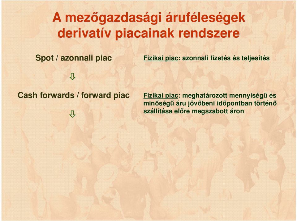 Cash forwards / forward piac Fizikai piac: : meghatározott mennyiségű és