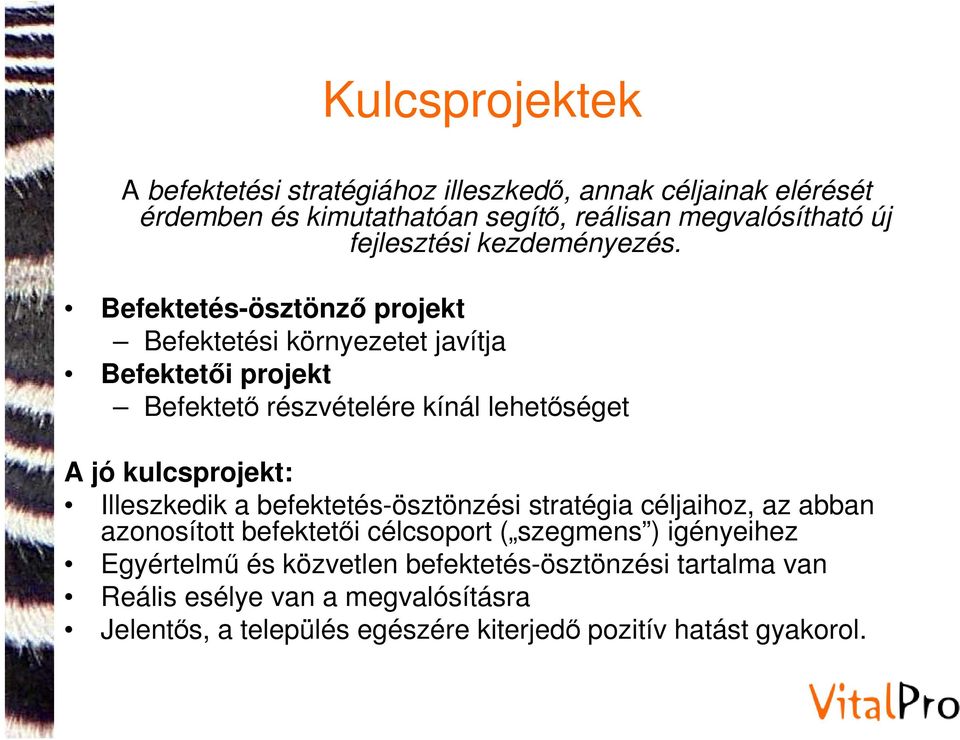 Befektetés-ösztönző projekt Befektetési környezetet javítja Befektetői projekt Befektető részvételére kínál lehetőséget A jó kulcsprojekt: