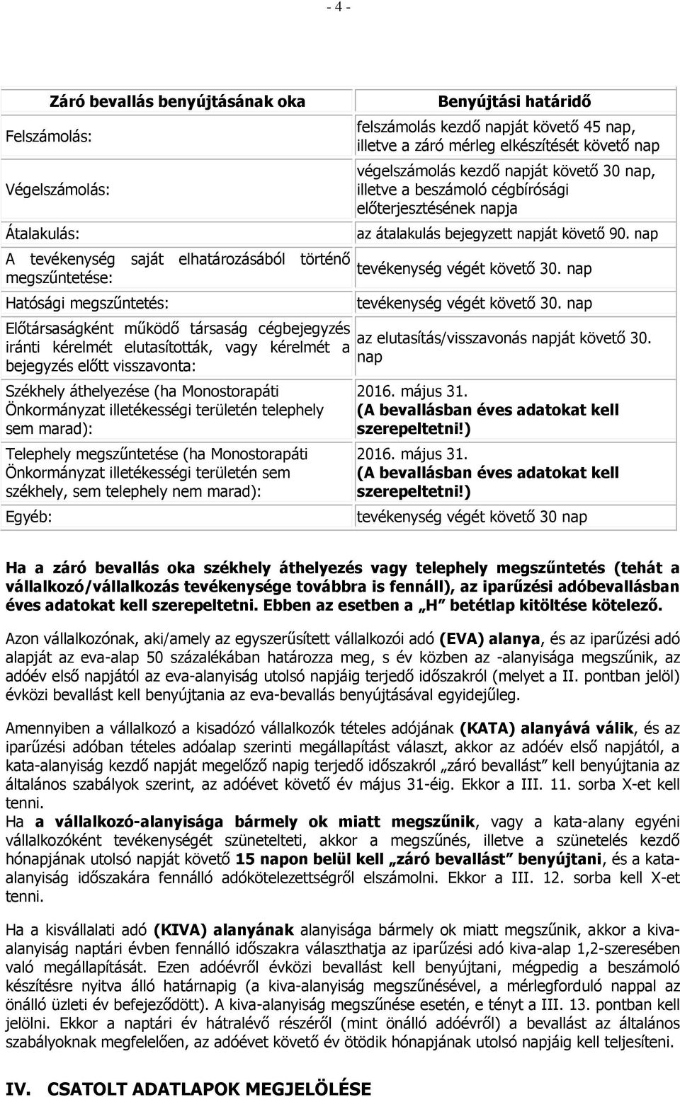 megszűntetése (ha Monostorapáti Önkormányzat illetékességi területén sem székhely, sem telephely nem marad): Egyéb: Benyújtási határidő felszámolás kezdő napját követő 45 nap, illetve a záró mérleg