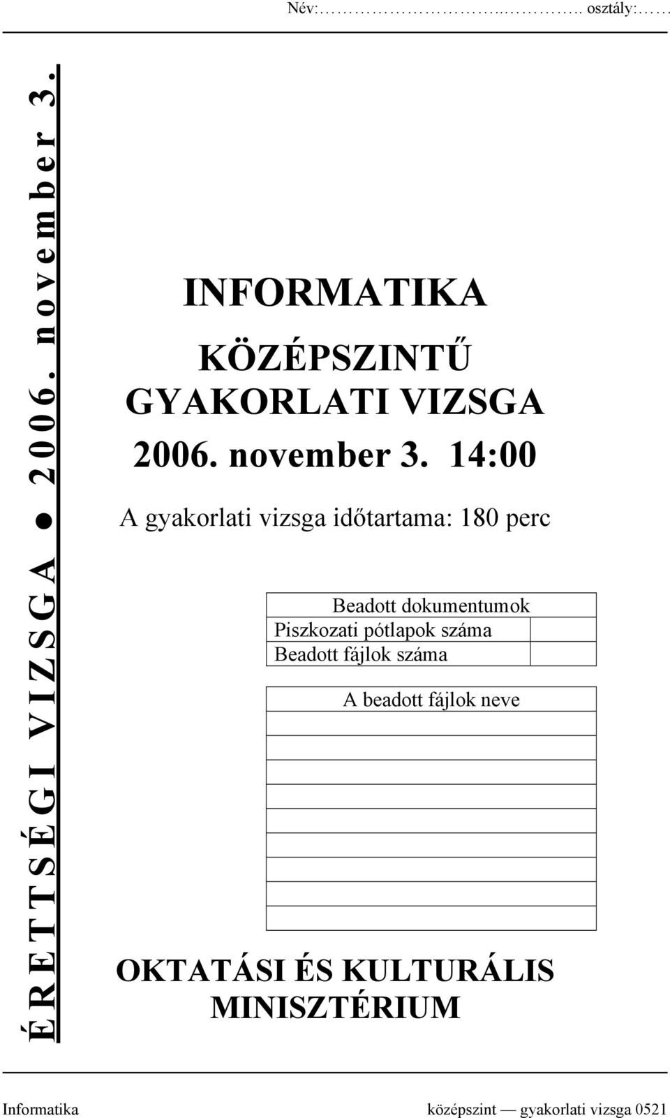 14:00 A gyakorlati vizsga időtartama: 180 perc Beadott dokumentumok Piszkozati