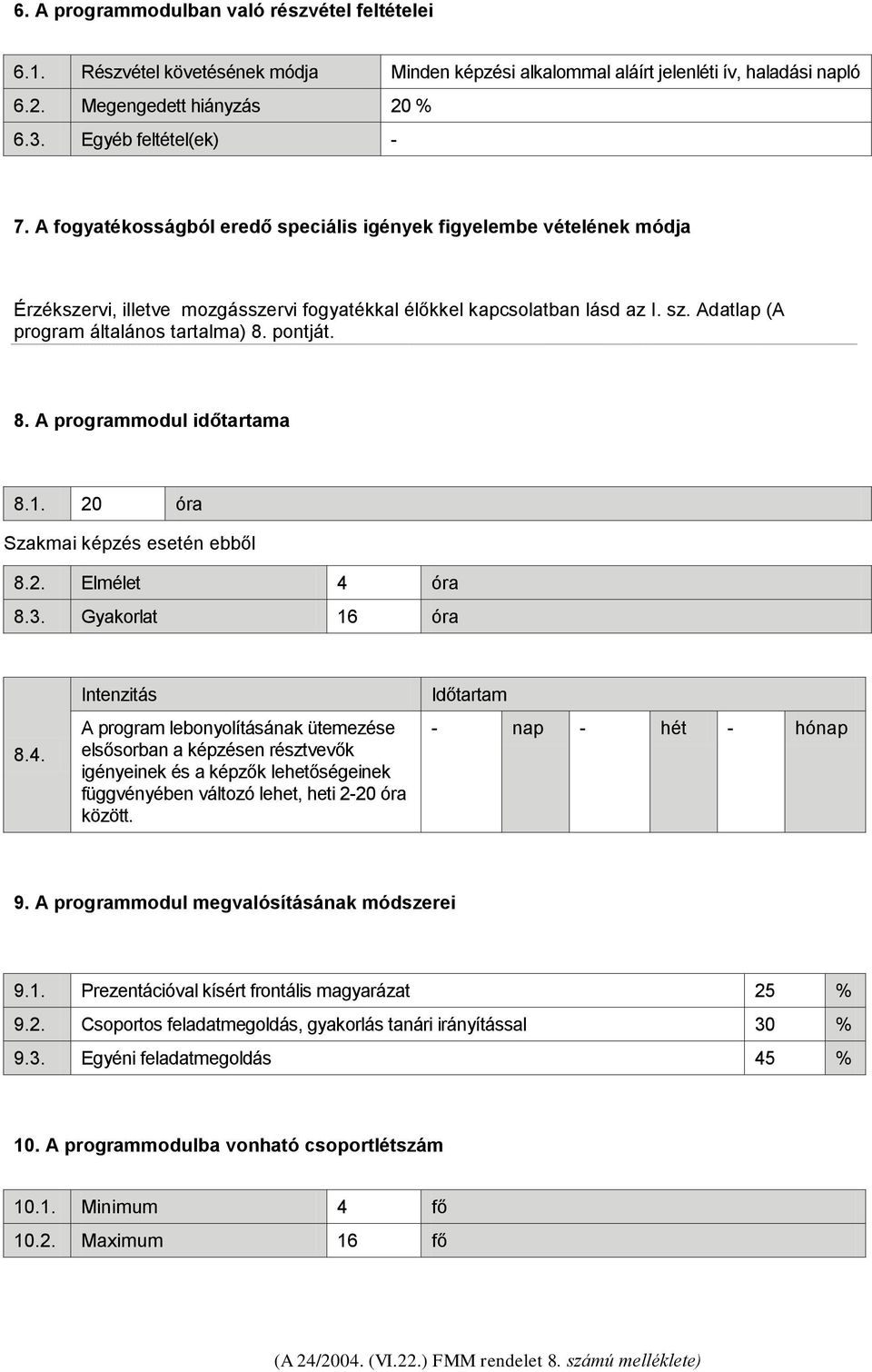 Adatlap (A program általános tartalma) 8. pontját. 8. A programmodul időtartama 8.1. 20 óra Szakmai képzés esetén ebből 8.2. Elmélet 4 