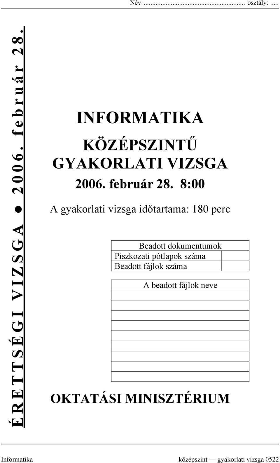 8:00 A gyakorlati vizsga időtartama: 180 perc Beadott dokumentumok Piszkozati