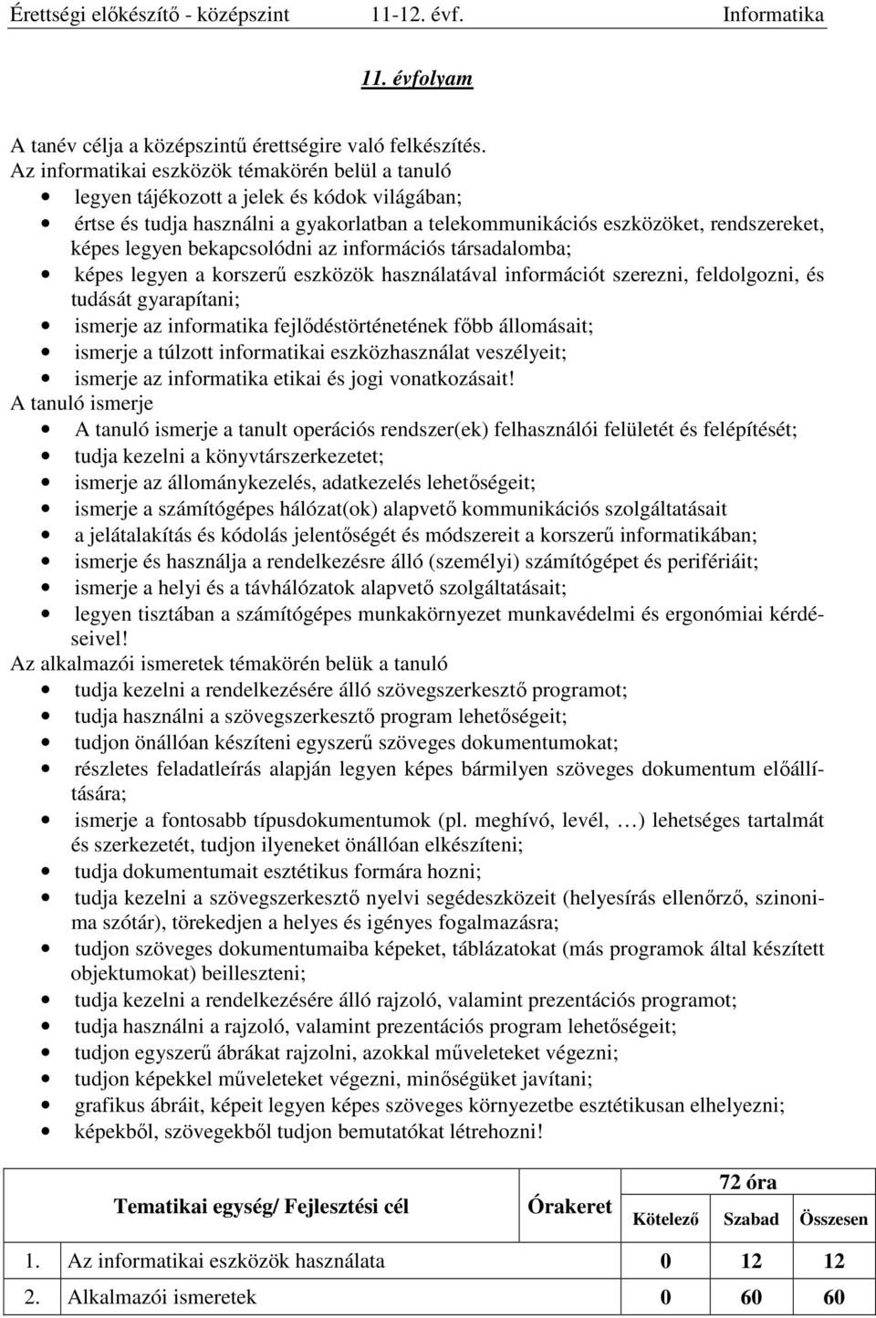 bekapcsolódni az információs társadalomba; képes legyen a korszerű eszközök használatával információt szerezni, feldolgozni, és tudását gyarapítani; ismerje az informatika fejlődéstörténetének főbb