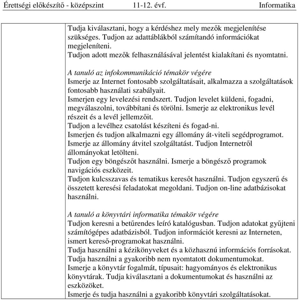 A tanuló az infokommunikáció témakör végére Ismerje az Internet fontosabb szolgáltatásait, alkalmazza a szolgáltatások fontosabb használati szabályait. Ismerjen egy levelezési rendszert.