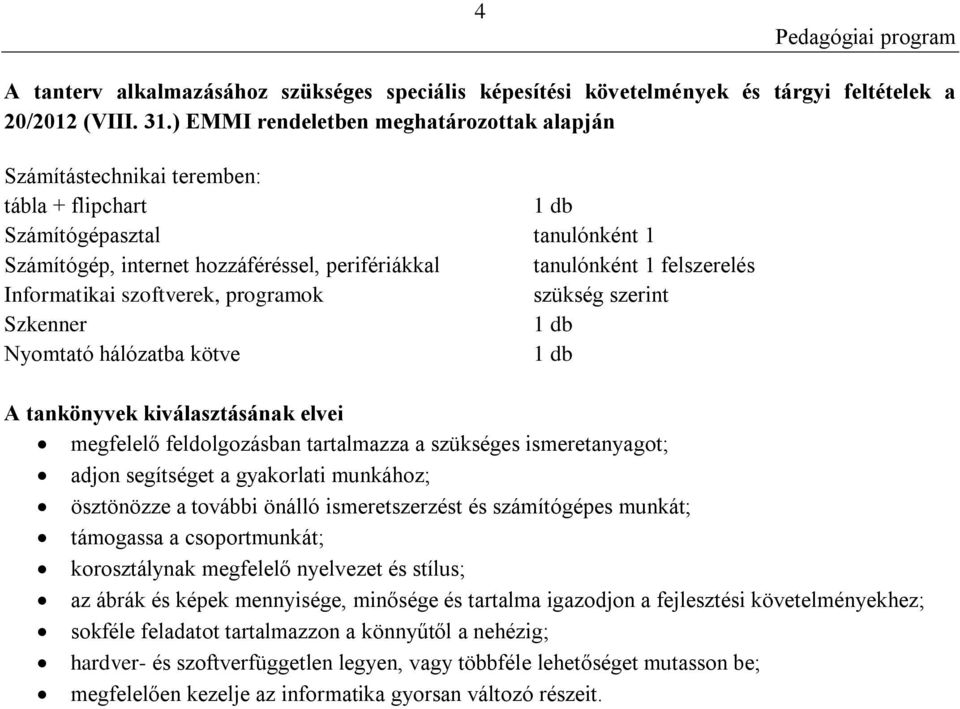 felszerelés Informatikai szoftverek, programok szükség szerint Szkenner 1 db Nyomtató hálózatba kötve 1 db A tankönyvek kiválasztásának elvei megfelelő feldolgozásban tartalmazza a szükséges