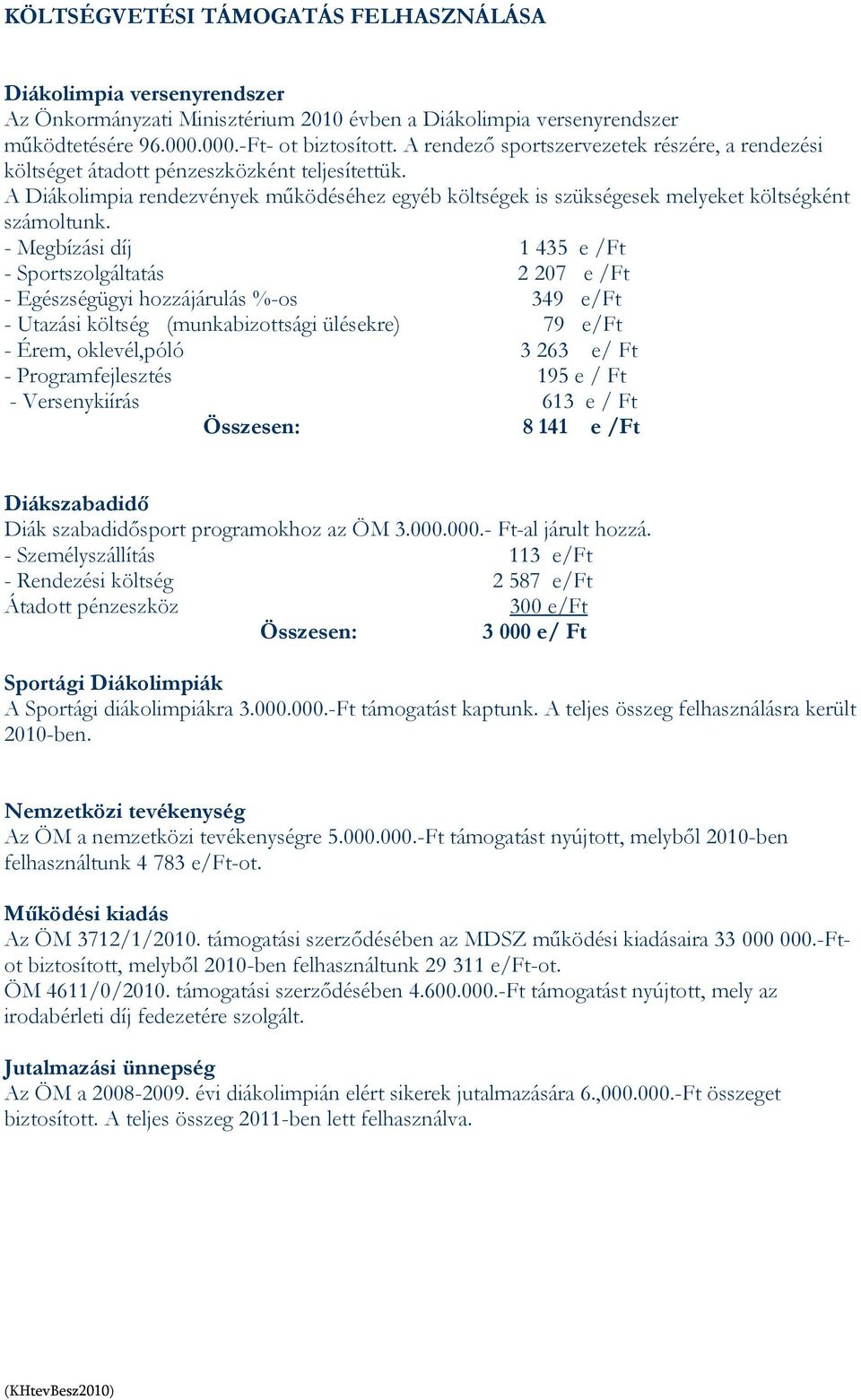 - Megbízási díj 1 435 e /Ft - Sportszolgáltatás 2 207 e /Ft - Egészségügyi hozzájárulás %-os 349 e/ft - Utazási költség (munkabizottsági ülésekre) 79 e/ft - Érem, oklevél,póló 3 263 e/ Ft -