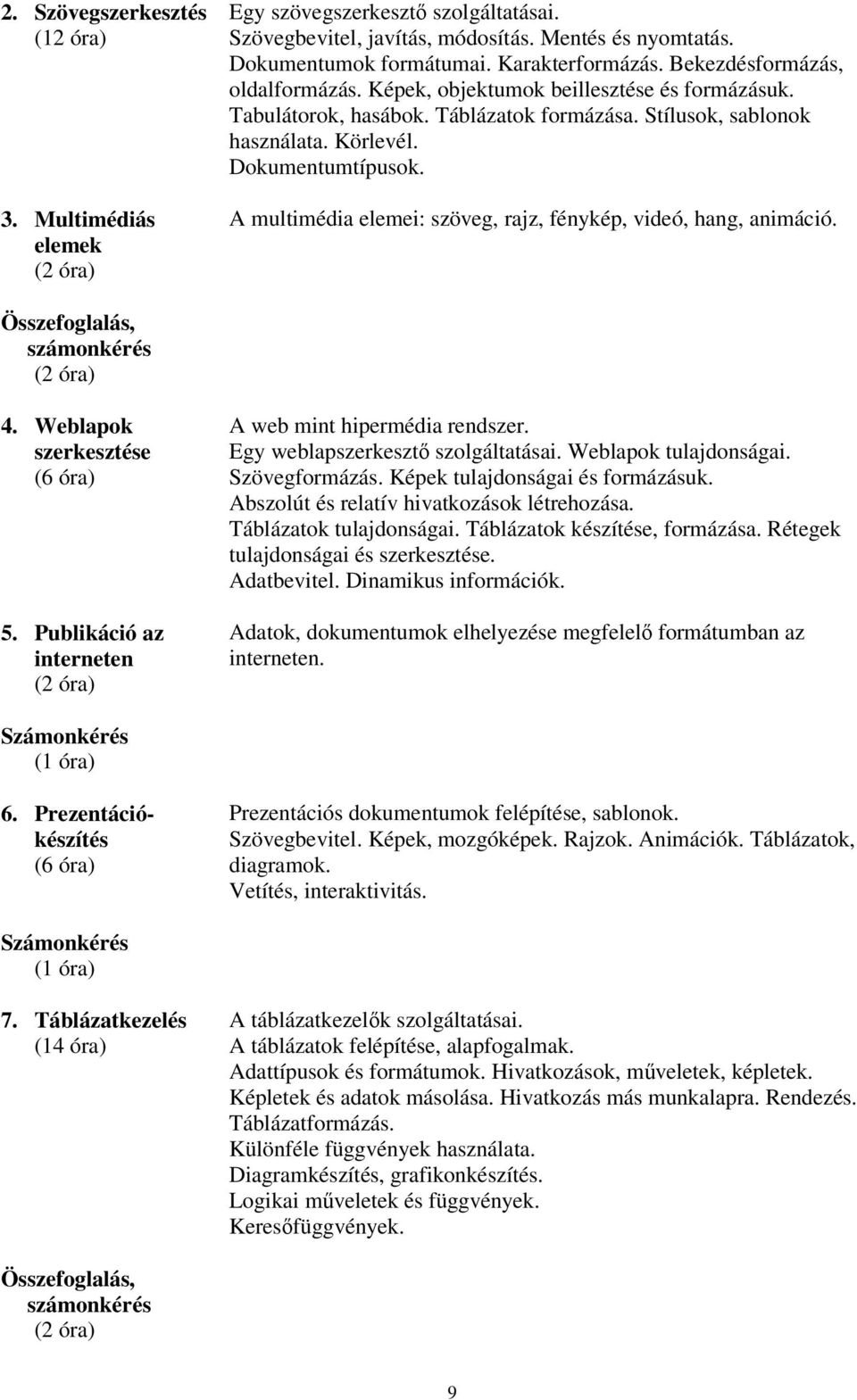 A multimédia elemei: szöveg, rajz, fénykép, videó, hang, animáció. (2 óra) 4. Weblapok szerkesztése (6 óra) 5. Publikáció az interneten (2 óra) A web mint hipermédia rendszer.