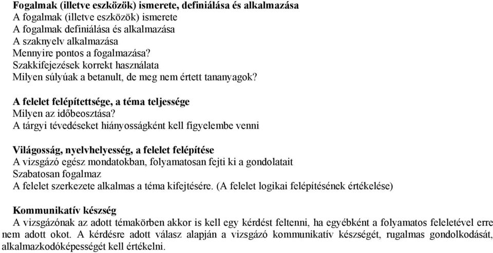 A tárgyi tévedéseket hiányosságként kell figyelembe venni Világosság, nyelvhelyesség, a felelet felépítése A vizsgázó egész mondatokban, folyamatosan fejti ki a gondolatait Szabatosan fogalmaz A