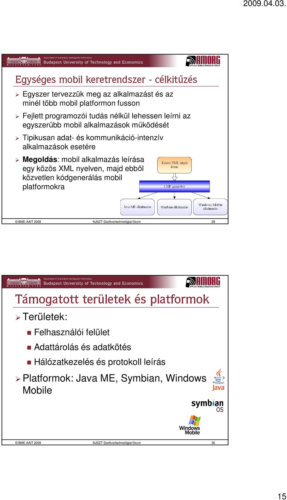 nyelven, majd ebből közvetlen kódgenerálás mobil platformokra BME-AAIT 2009 NJSZT Szoftvertechnológiai fórum 29 Támogatott területek és platformok Területek: