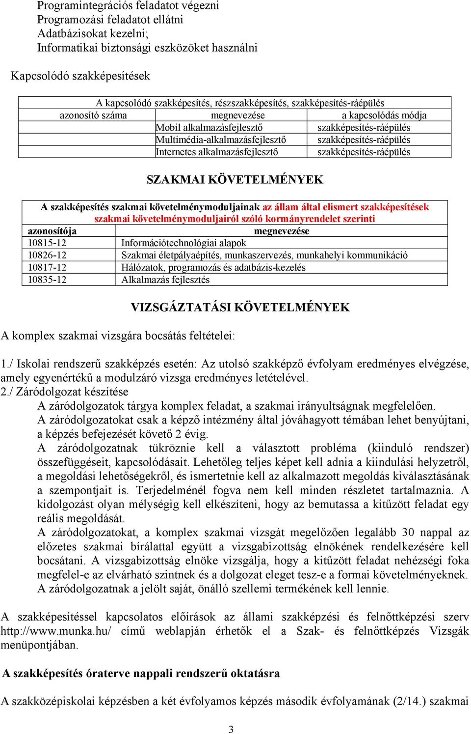 Internetes alkalmazásfejlesztő szakképesítés-ráépülés SZAKMAI KÖVETELMÉNYEK A szakképesítés szakmai követelménymoduljainak az állam által elismert szakképesítések szakmai követelménymoduljairól szóló