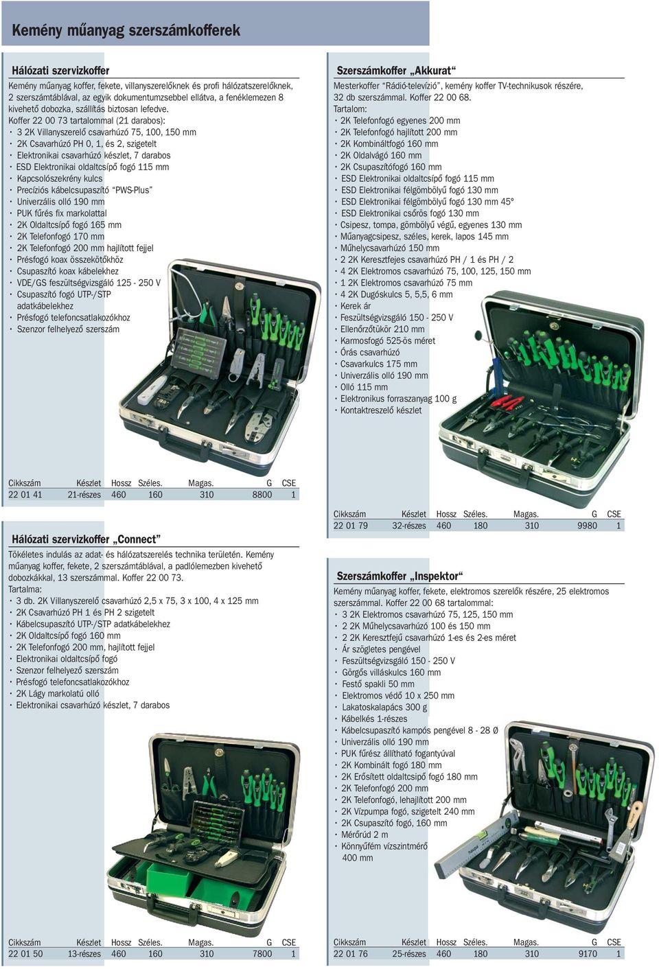 Koffer 22 00 73 tartalommal (21 darabos): 3 2K Villanyszerelő csavarhúzó 75, 100, 150 mm 2K Csavarhúzó PH 0, 1, és 2, szigetelt ESD Elektronikai oldaltcsípő fogó 115 mm Kapcsolószekrény kulcs