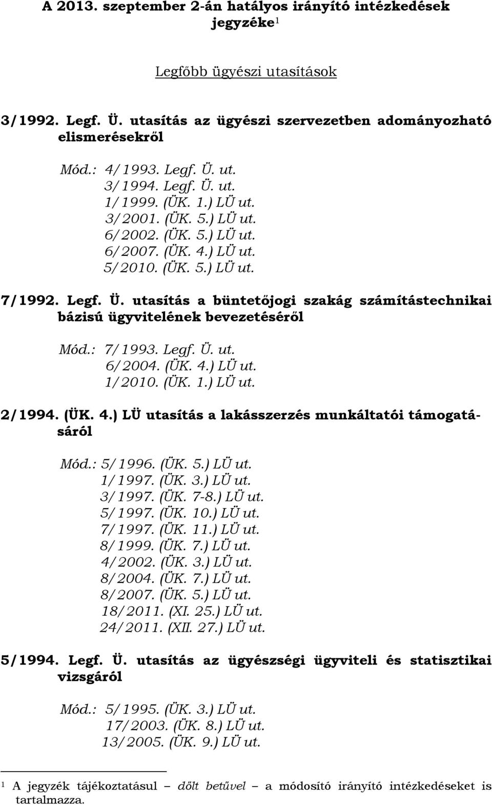 : 7/1993. Legf. Ü. ut. 6/2004. (ÜK. 4.) LÜ ut. 1/2010. (ÜK. 1.) LÜ ut. 2/1994. (ÜK. 4.) LÜ utasítás a lakásszerzés munkáltatói támogatásáról Mód.: 5/1996. (ÜK. 5.) LÜ ut. 1/1997. (ÜK. 3.) LÜ ut. 3/1997.