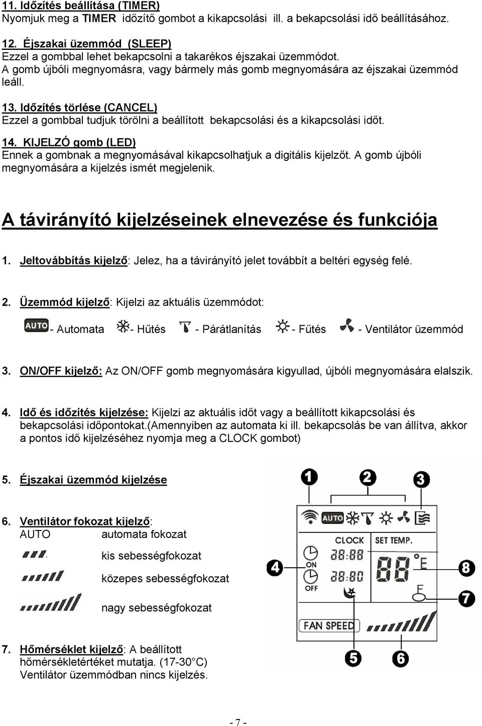 Időzítés törlése (CANCEL) Ezzel a gombbal tudjuk törölni a beállított bekapcsolási és a kikapcsolási időt. 14. KIJELZÓ gomb (LED) Ennek a gombnak a megnyomásával kikapcsolhatjuk a digitális kijelzőt.