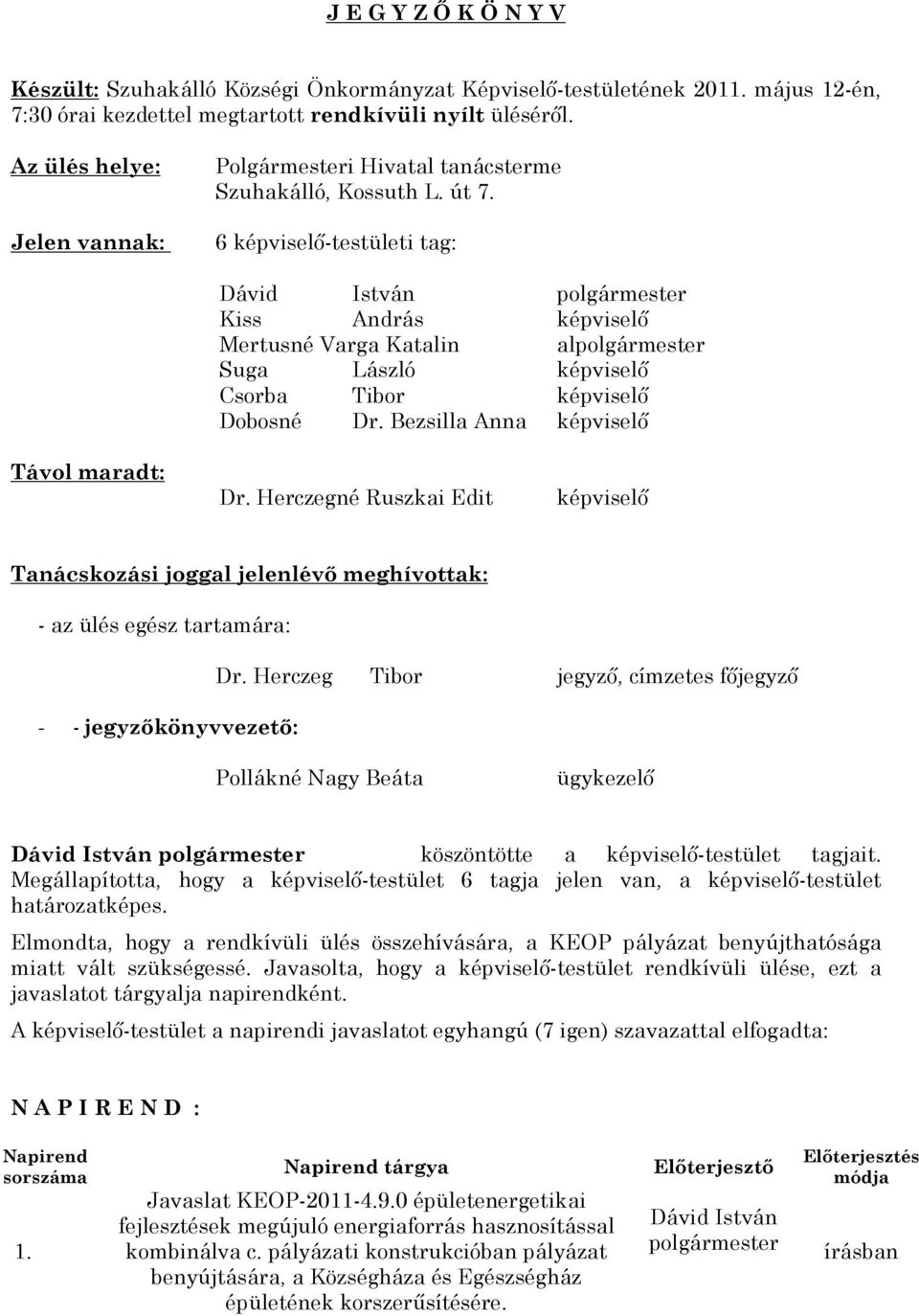 6 képviselõ-testületi tag: Dávid István Kiss András képviselõ Mertusné Varga Katalin al Suga László képviselõ Csorba Tibor képviselõ Dobosné Dr. Bezsilla Anna képviselõ Távol maradt: Dr.