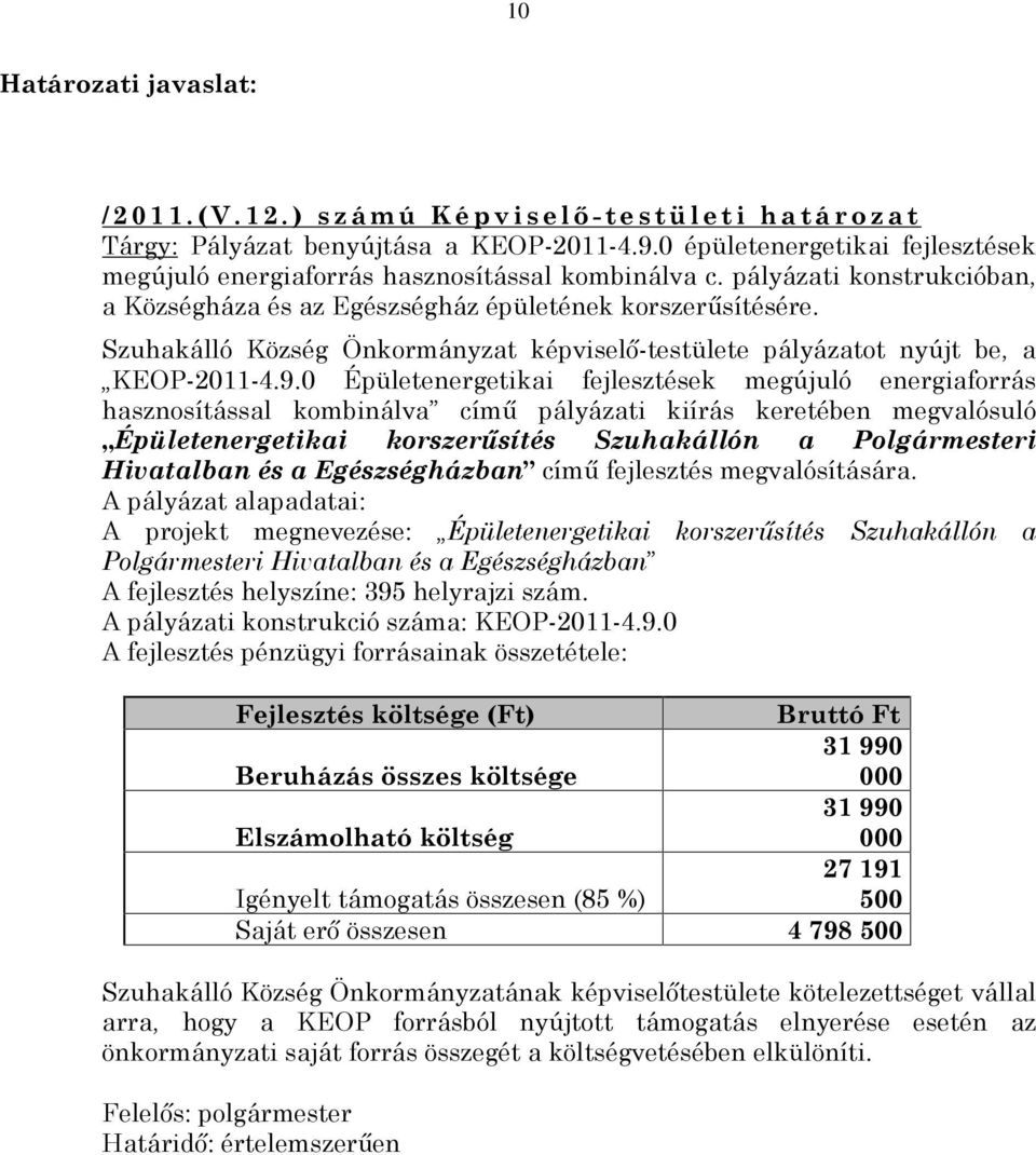 Szuhakálló Község Önkormányzat képviselõ-testülete pályázatot nyújt be, a KEOP-2011-4.9.