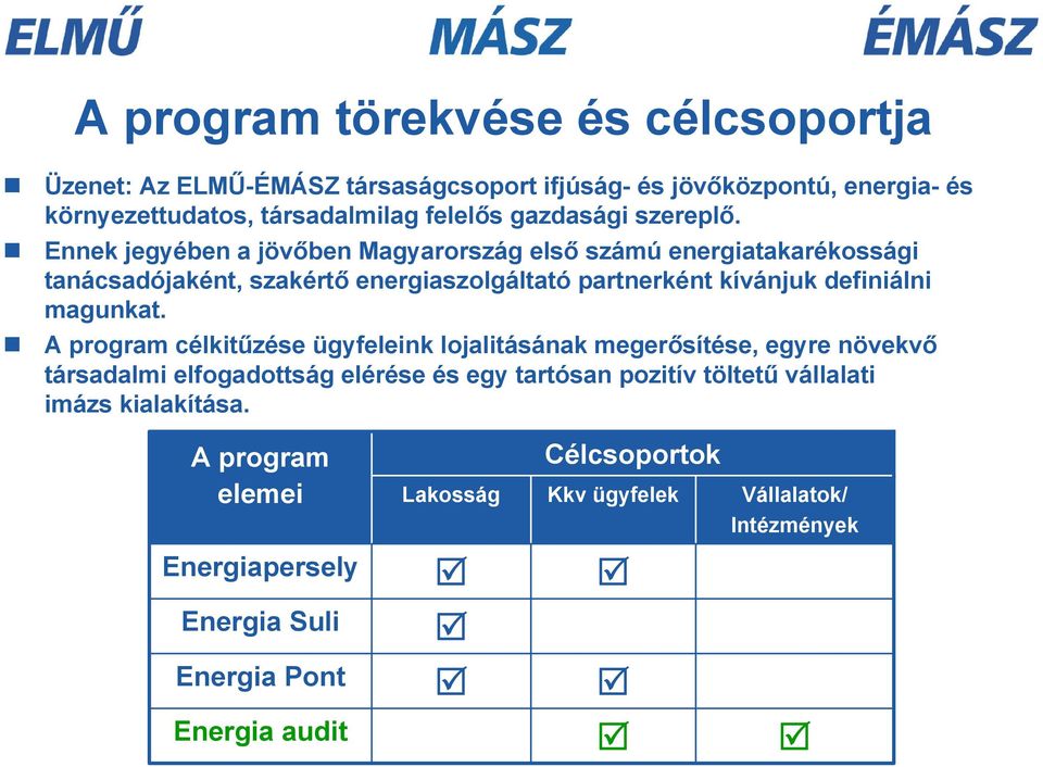 Ennek jegyében a jövőben Magyarország első számú energiatakarékossági tanácsadójaként, szakértő energiaszolgáltató partnerként kívánjuk definiálni magunkat.