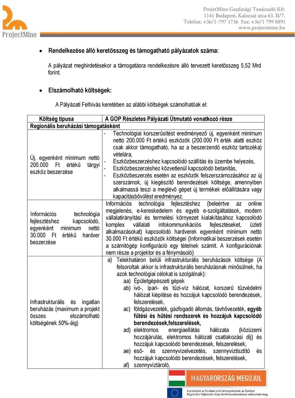 Technológiai korszerűsítést eredményező új, egyenként minimum nettó 200.000 Ft értékű eszközök (200.