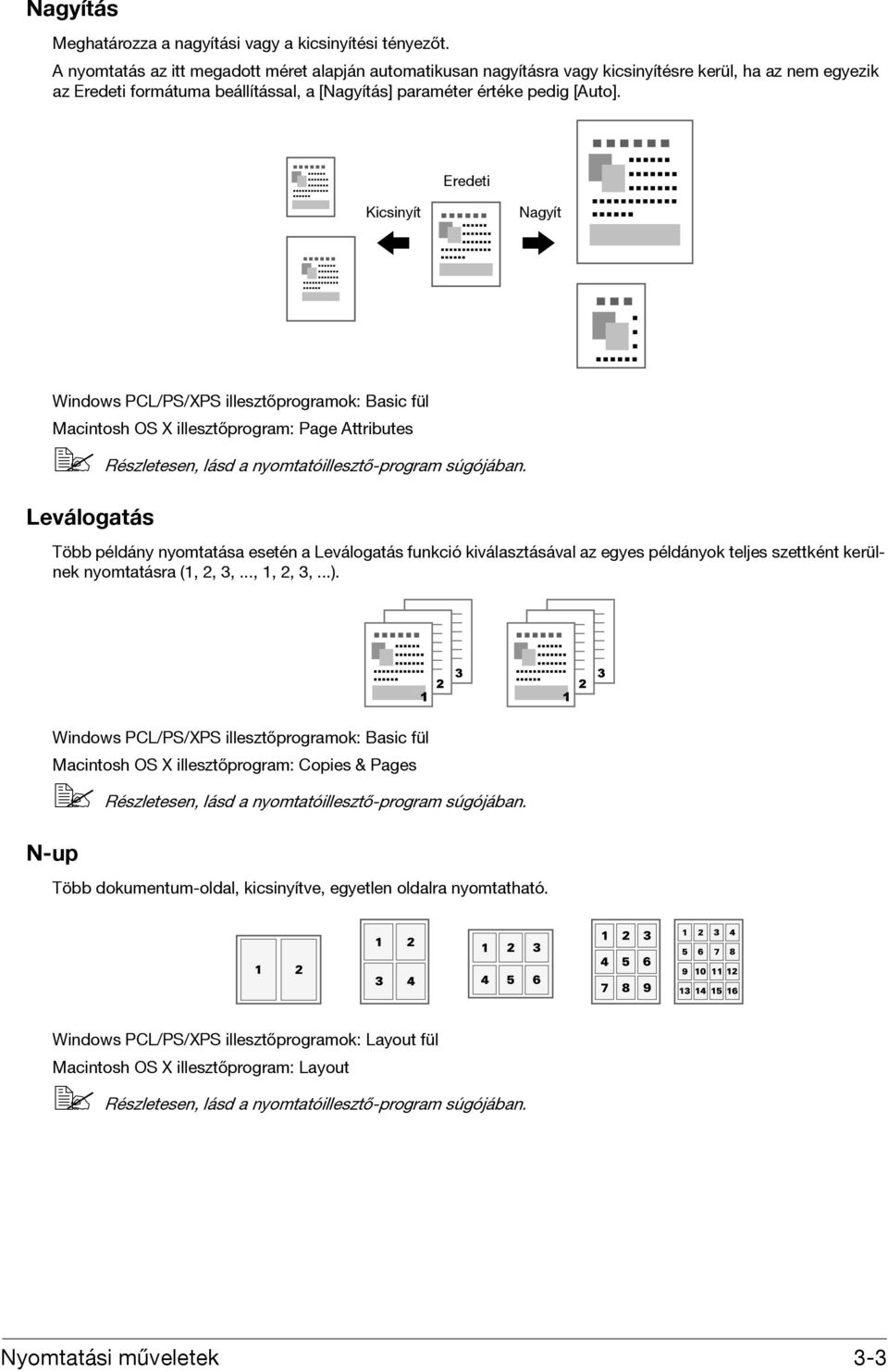 Eredeti Kicsinyít Nagyít Windows PCL/PS/XPS illesztőprogramok: Basic fül Macintosh OS X illesztőprogram: Page Attributes Részletesen, lásd a nyomtatóillesztő-program súgójában.