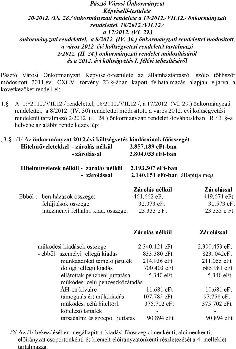 ) önkormányzati rendelet módosításáról és a 2012. évi költségvetés I. félévi teljesítéséről Pásztó Városi Önkormányzat Képviselő-testülete az államháztartásról szóló többször módosított 2011.évi CXCV.