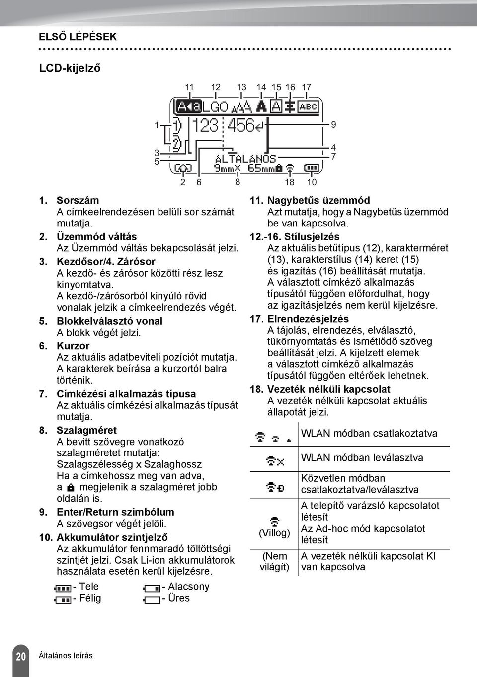 Kurzor Az aktuális adatbeviteli pozíciót mutatja. A karakterek beírása a kurzortól balra történik. 7. Címkézési alkalmazás típusa Az aktuális címkézési alkalmazás típusát mutatja. 8.