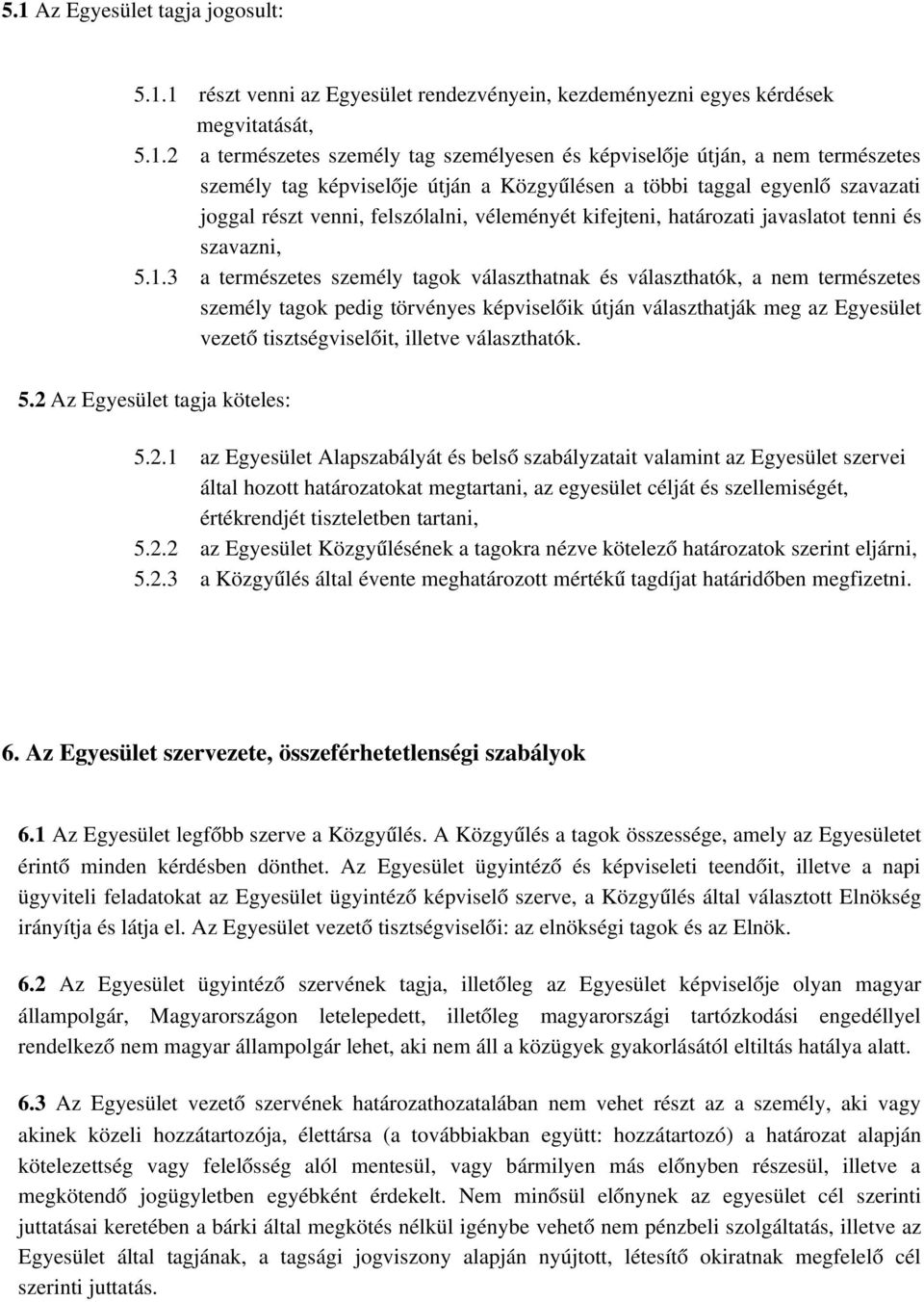 3 a természetes személy tagok választhatnak és választhatók, a nem természetes személy tagok pedig törvényes képviselőik útján választhatják meg az Egyesület vezető tisztségviselőit, illetve