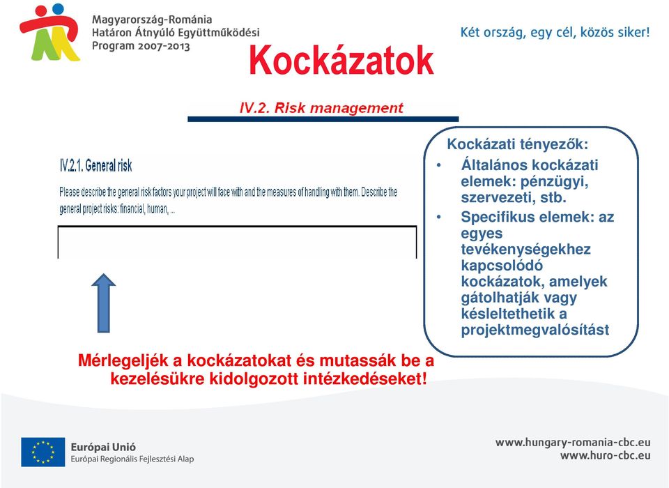 Kockázati tényezők: Általános kockázati elemek: pénzügyi, szervezeti, stb.