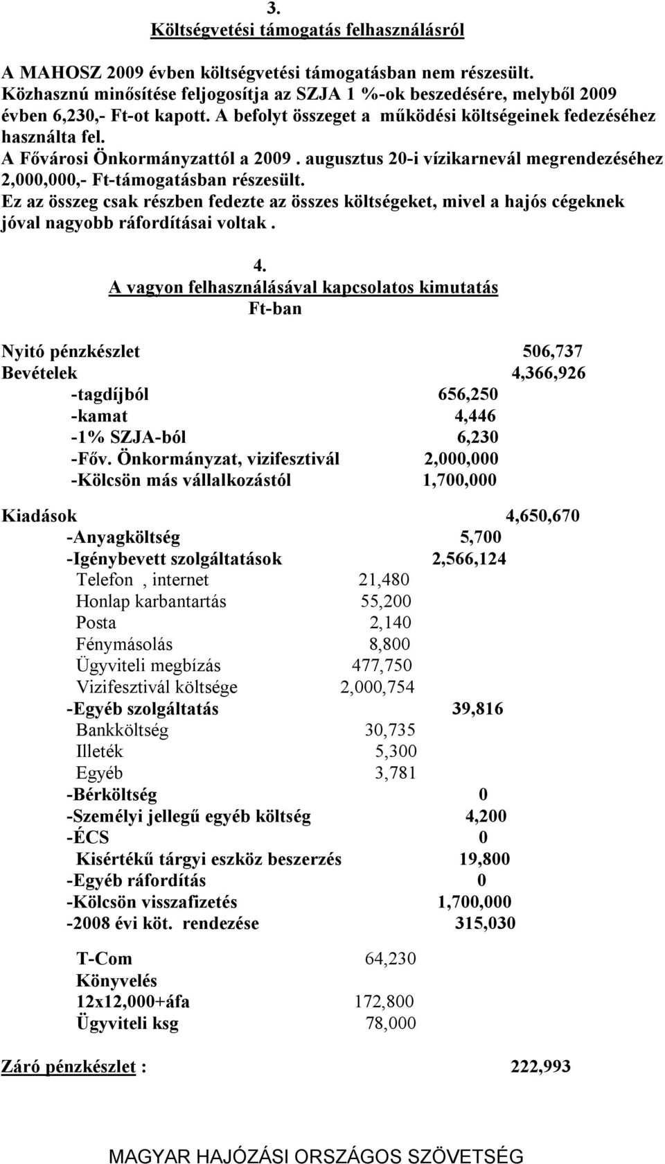 A Fővárosi Önkormányzattól a 2009. augusztus 20-i vízikarnevál megrendezéséhez 2,000,000,- Ft-támogatásban részesült.