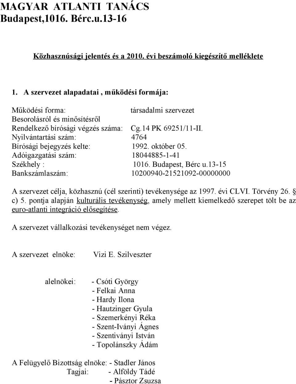 Nyilvántartási szám: 4764 Bírósági bejegyzés kelte: 1992. október 05. Adóigazgatási szám: 18044885-1-41 Székhely : 1016. Budapest, Bérc u.