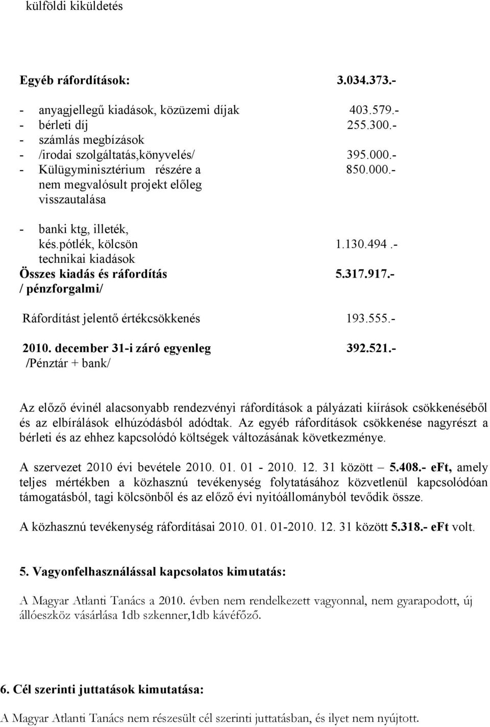 - / pénzforgalmi/ Ráfordítást jelentő értékcsökkenés 193.555.- 2010. december 31-i záró egyenleg 392.521.