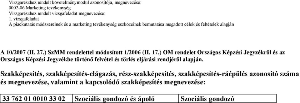 ) OM rendelet Országos Képzési Jegyzékről és az Országos Képzési Jegyzékbe történő felvétel és törlés eljárási rendjéről alapján.