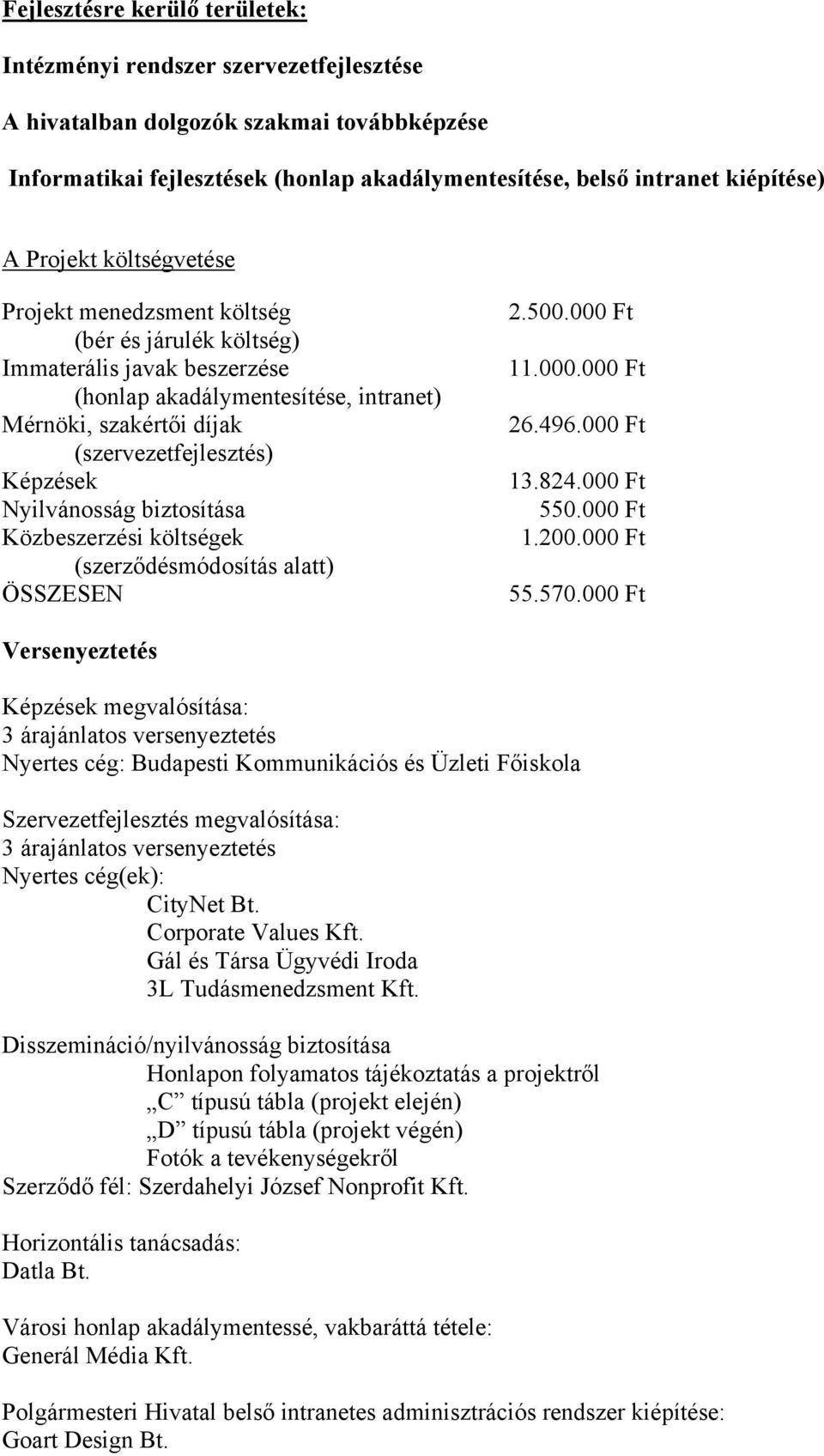 Nyilvánosság biztosítása Közbeszerzési költségek (szerződésmódosítás alatt) ÖSSZESEN 2.500.000 Ft 11.000.000 Ft 26.496.000 Ft 13.824.000 Ft 550.000 Ft 1.200.000 Ft 55.570.