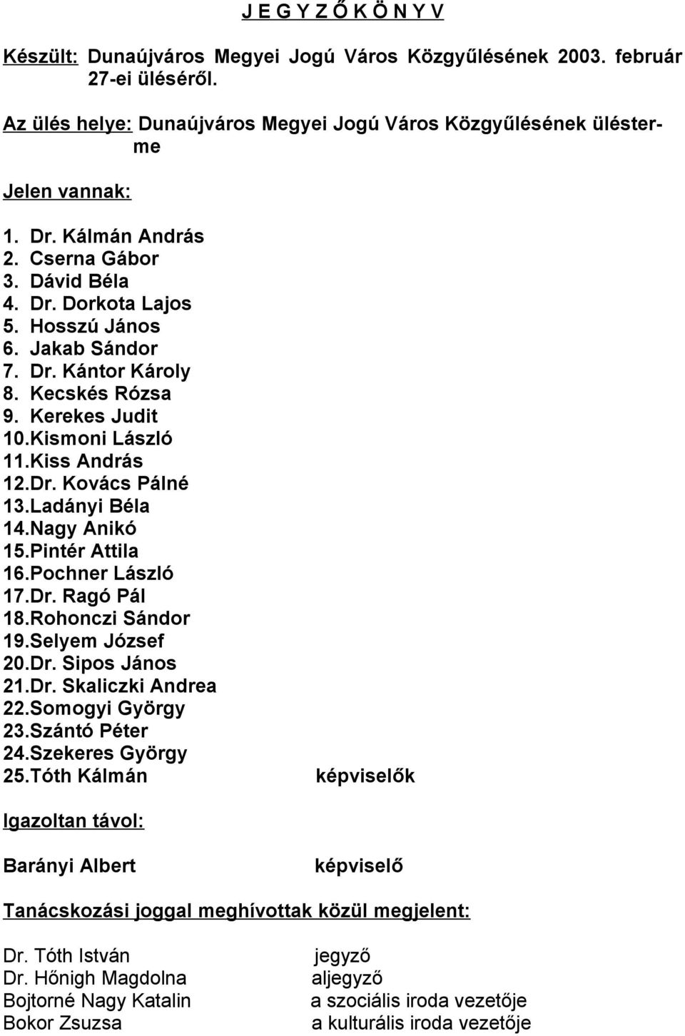 Ladányi Béla 14.Nagy Anikó 15.Pintér Attila 16.Pochner László 17.Dr. Ragó Pál 18.Rohonczi Sándor 19.Selyem József 20.Dr. Sipos János 21.Dr. Skaliczki Andrea 22.Somogyi György 23.Szántó Péter 24.