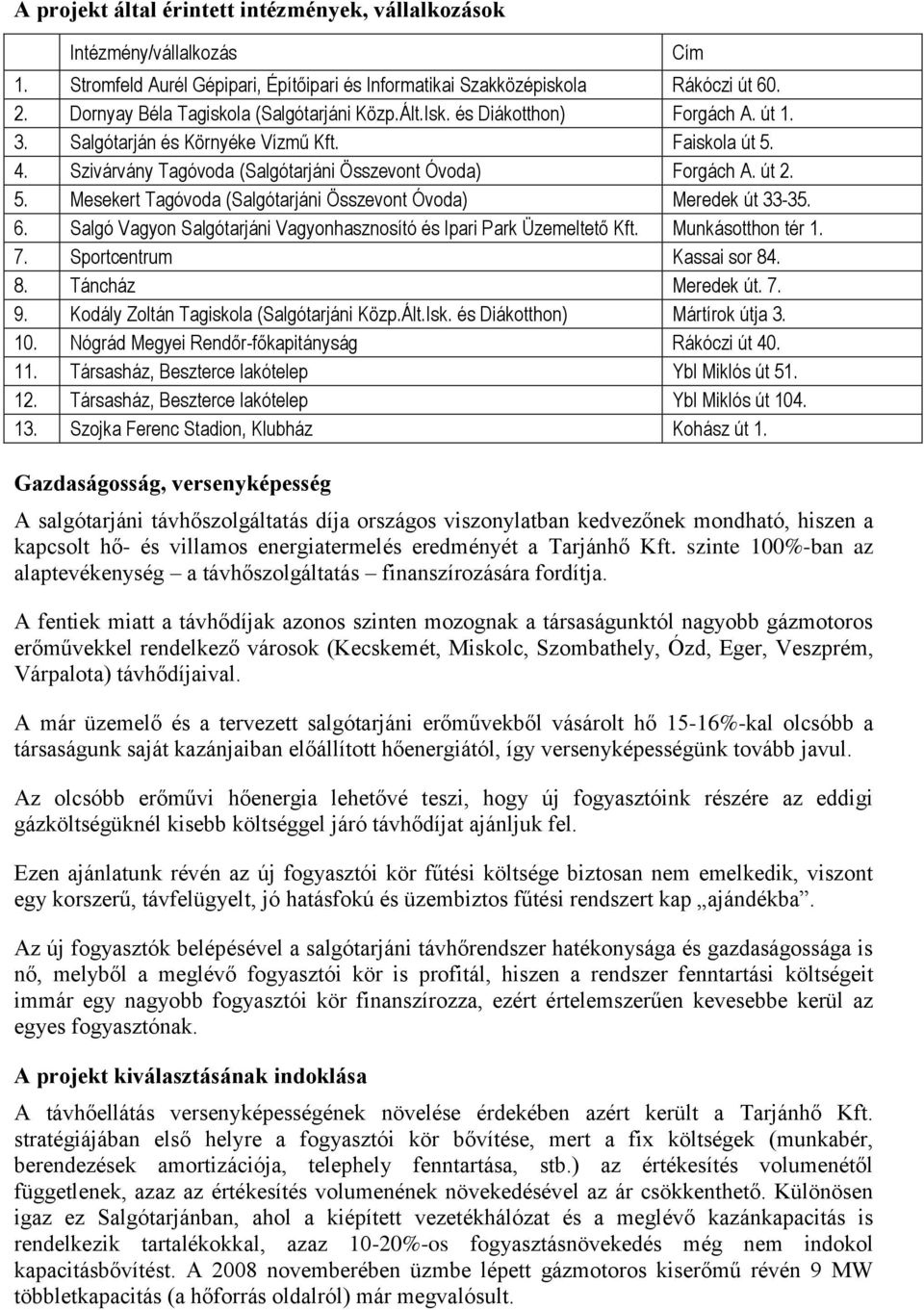 út 2. 5. Mesekert Tagóvoda (Salgótarjáni Összevont Óvoda) Meredek út 33-35. 6. Salgó Vagyon Salgótarjáni Vagyonhasznosító és Ipari Park Üzemeltető Kft. Munkásotthon tér 1. 7.