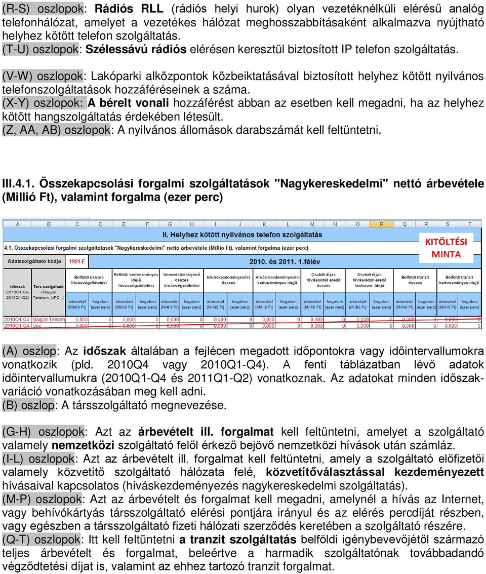 (V-W) oszlopok: Lakóparki alközpontok közbeiktatásával biztosított helyhez kötött nyilvános telefonszolgáltatások hozzáféréseinek a száma.