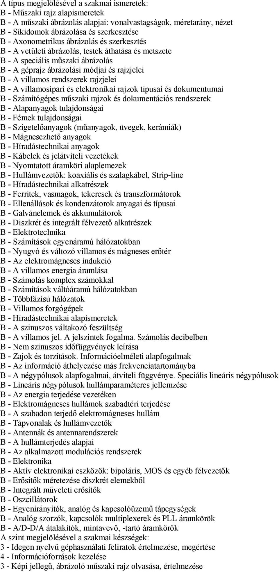 rajzjelei B - A villamosipari és elektronikai rajzok típusai és dokumentumai B - Számítógépes műszaki rajzok és dokumentációs rendszerek B - Alapanyagok tulajdonságai B - Fémek tulajdonságai B -