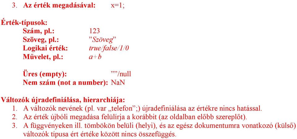 var telefon ;) újradefiniálása az értékre nincs hatással. 2.