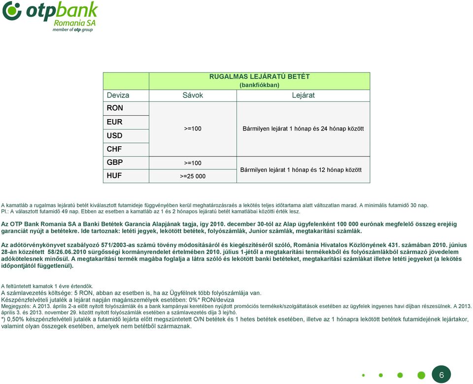 : A választott futamidő 49 nap. Ebben az esetben a kamatláb az 1 és 2 hónapos lejáratú betét kamatlábai közötti érték lesz. Az OTP Bank Romania SA a Banki Betétek Garancia Alapjának tagja, így 2010.