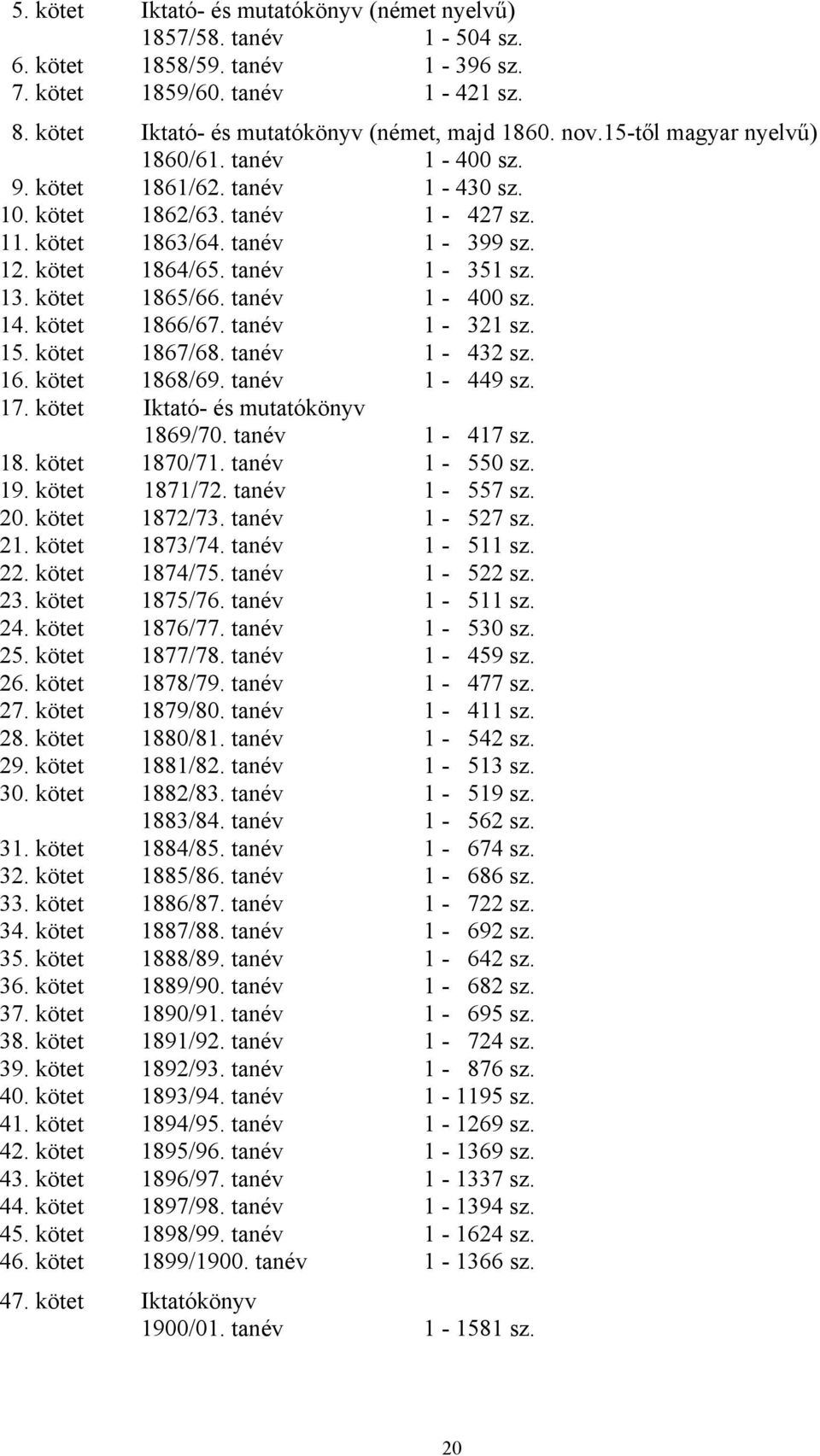 kötet 1865/66. tanév 1-400 sz. 14. kötet 1866/67. tanév 1-321 sz. 15. kötet 1867/68. tanév 1-432 sz. 16. kötet 1868/69. tanév 1-449 sz. 17. kötet Iktató- és mutatókönyv 1869/70. tanév 1-417 sz. 18. kötet 1870/71.